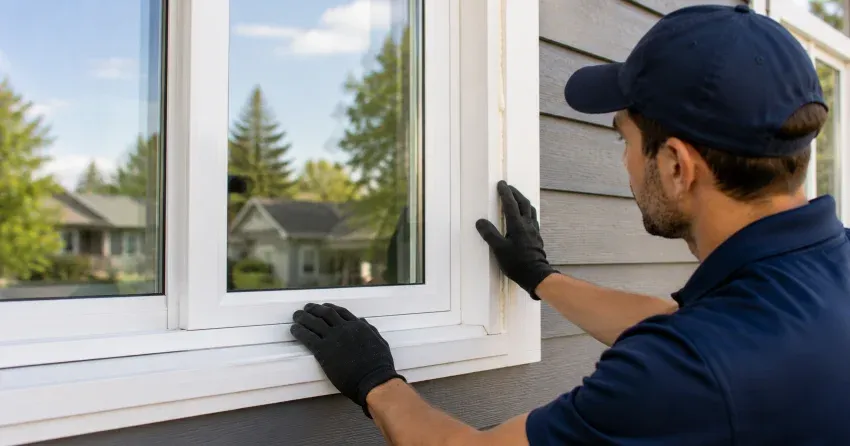 technician comparing full-frame and retrofit window replacement options in Niagara Falls
