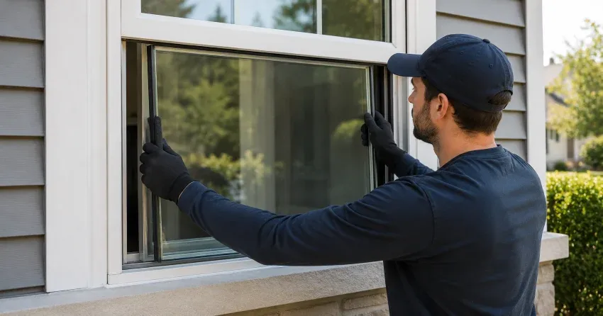 technician boarding up broken window during emergency glass repair Morrison, Niagara Falls