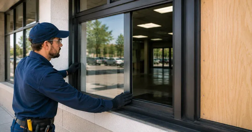 technician boarding a broken window after a break-in in Fallsview, Niagara Falls