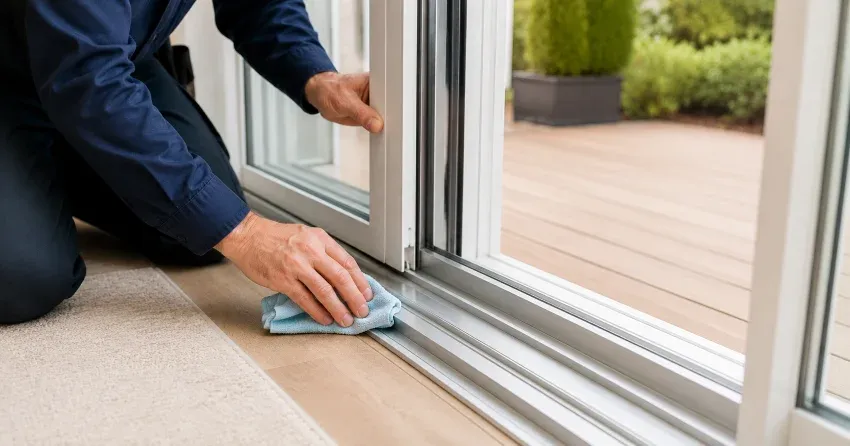technician inspecting a sliding patio door track in Niagara Falls