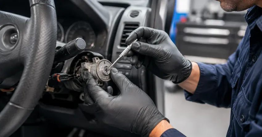 technician diagnosing an ignition lock repair issue in Niagara Falls