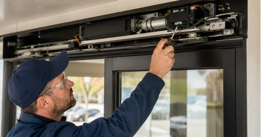 technician completing automatic door repair on residential property in Silvertown, Niagara Falls