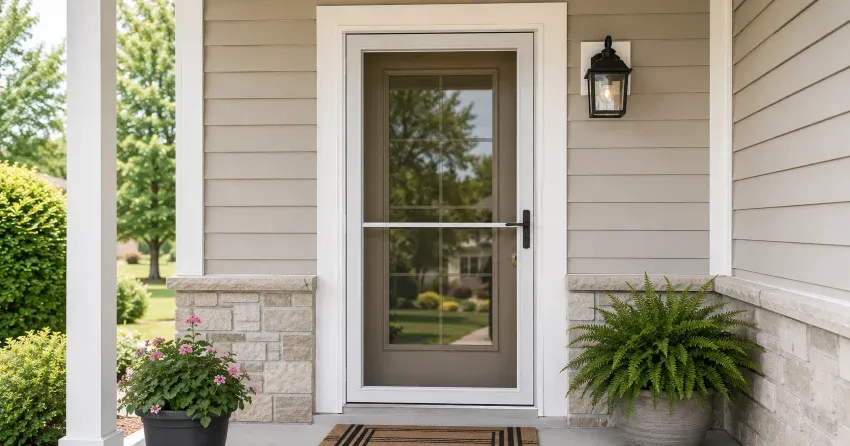 technician hanging storm door square and plumb in Morrison, Niagara Falls