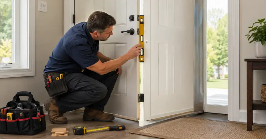 technician diagnosing a misaligned door frame in Morrison, Niagara Falls