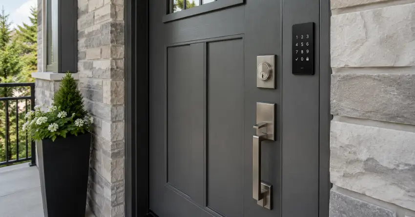 High-security door hardware and access control keypad installed on a residential entry door in Niagara Falls