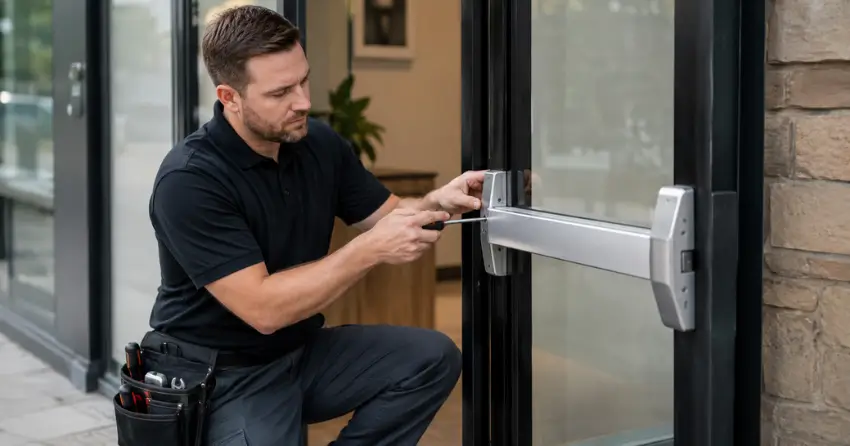 commercial locksmith repairing exit device on storefront door Fallsview, Niagara Falls