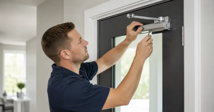 technician adjusting door closer hydraulic valve in McLeod, Niagara Falls home
