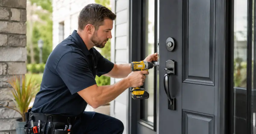 locksmith installing deadbolt lock on exterior door in Fallsview, Niagara Falls