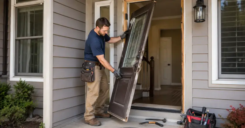 old exterior door being removed for replacement in Silvertown, Niagara Falls