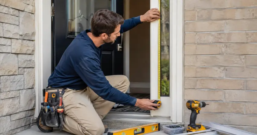 technician measuring door frame before storm door install in Morrison, Niagara Falls