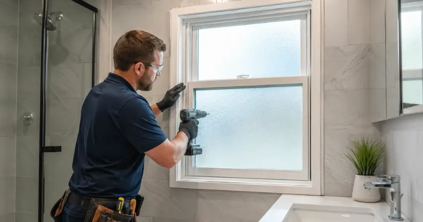 frosted glass installation bathroom window in Fallsview, Niagara Falls