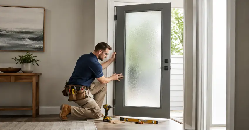 glass panel door installation with frosted privacy glass in residential setting in Grassybrook, Niagara Falls