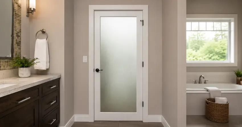 frosted glass panel bathroom door installed in a Fallsview, Niagara Falls home