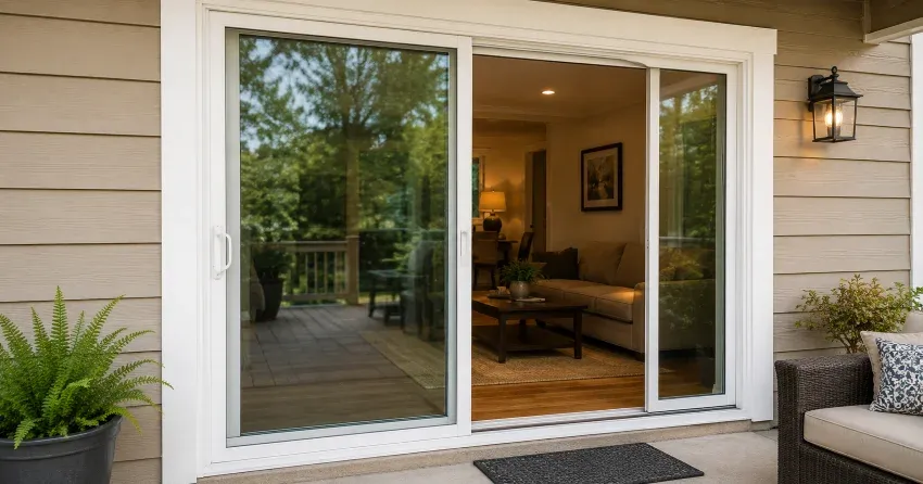 Patio Door Installation technician setting a new frame in Garner, Niagara Falls