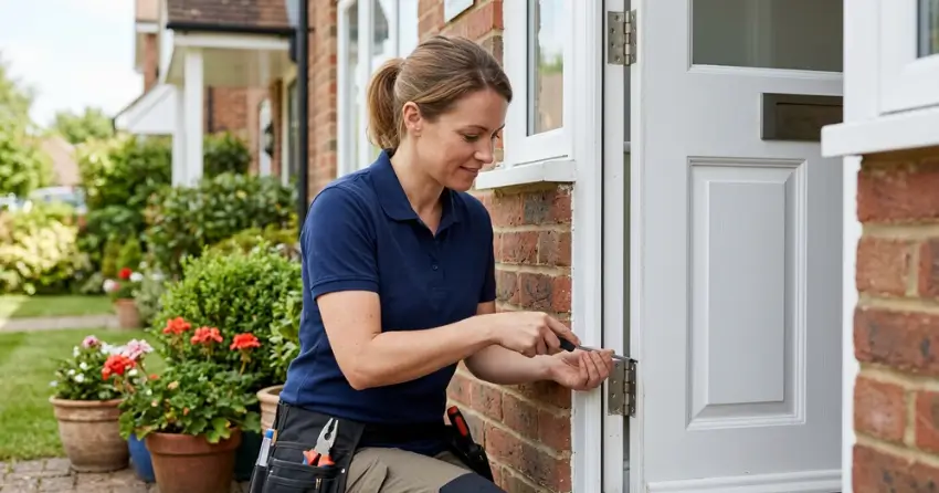 technician repairing exterior door hinge and frame in Niagara Falls