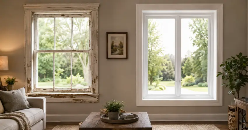 side by side comparison of old and new window in Niagara Falls