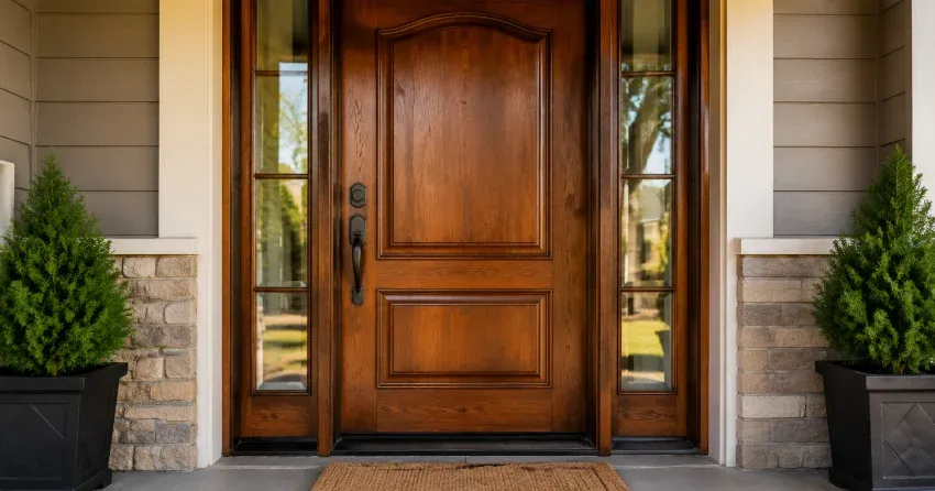 wood door mid-restoration showing stripped bare wood in Fallsview, Niagara Falls