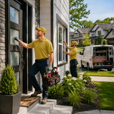 Local technicians working on entry doors, patio sliders and replacement windows throughout the service area