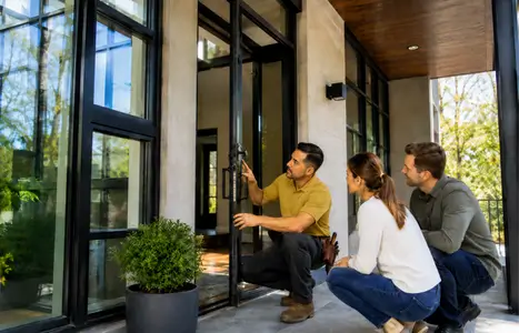 Modern home exterior with floor-to-ceiling windows by Windows & Doors Niagara Falls
