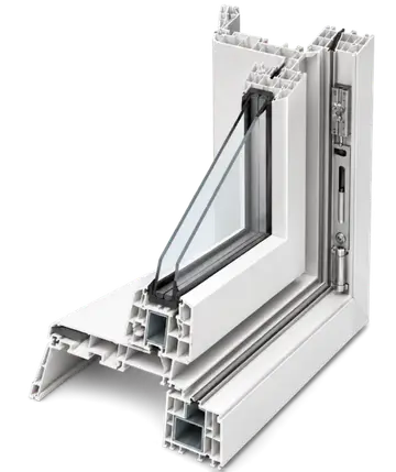 Cutaway of a multi-chamber uPVC window frame revealing the internal structure